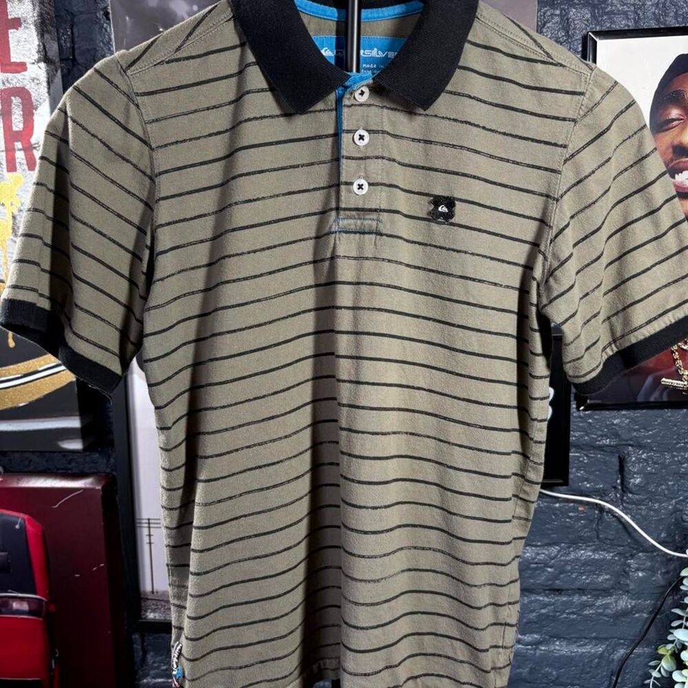 Quiksilver Youth Striped Polo - Medium - Olive Black Surf Skate Y2K
